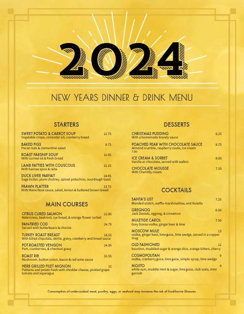 Bright New Years Eve Menu page 1 preview