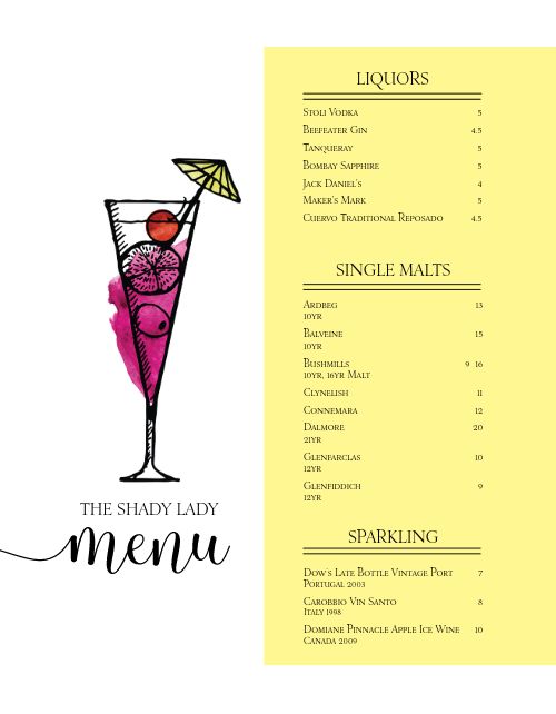 Ladies Cocktail Bar Menu