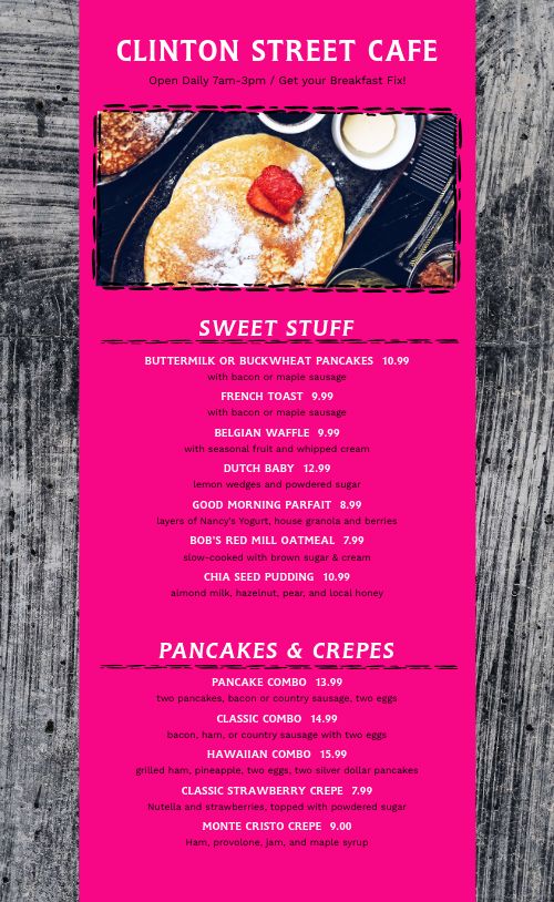 Bright Pink Breakfast Menu page 1 preview