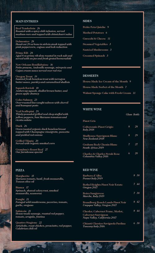 Modern Fine Dining Example Menu