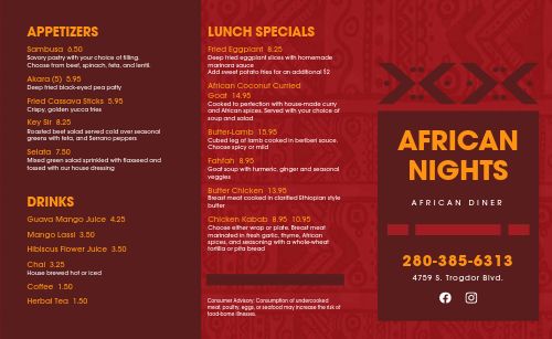 African Diner Takeout Menu