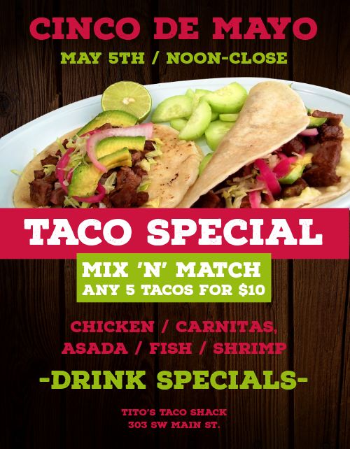 Cinco De Mayo Taco Specials Flyer Template by MustHaveMenus