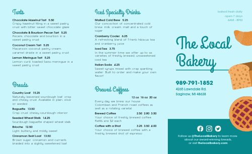 Local Bakery Takeout Menu Template by MustHaveMenus