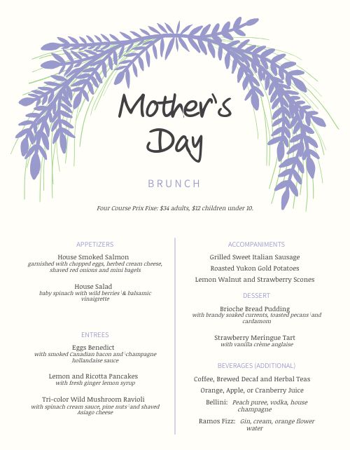 Mothers Day Lilac Menu