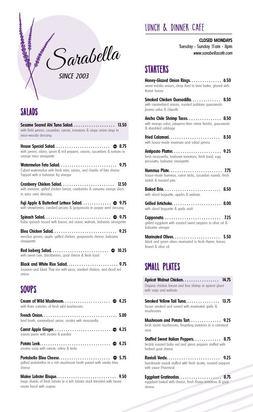 Conservative Lavender Cafe Menu page 1 preview