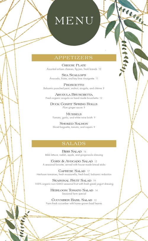 Geometric Gold Fine Dining Menu page 1 preview