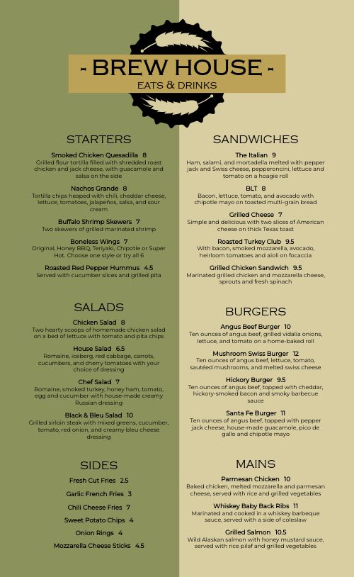 Simple Pub Menu Example Design Template by MustHaveMenus