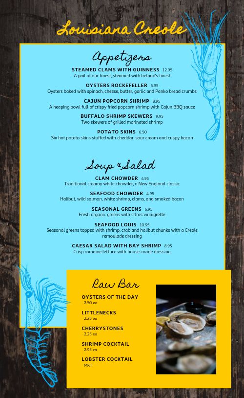 Louisiana Creole Seafood Menu page 1 preview