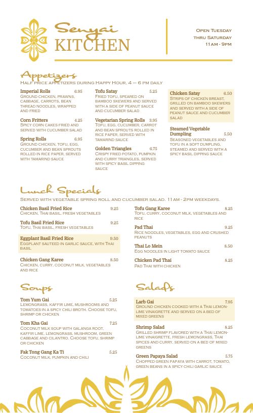 Yellow Curry Thai Menu page 1 preview
