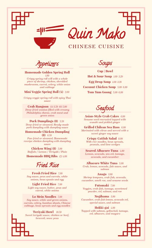 Red Noodles Chinese Menu