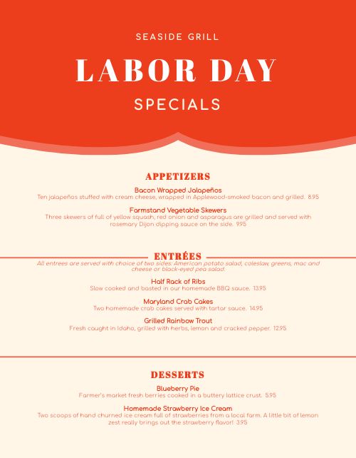 Simple Red Labor Day Menu